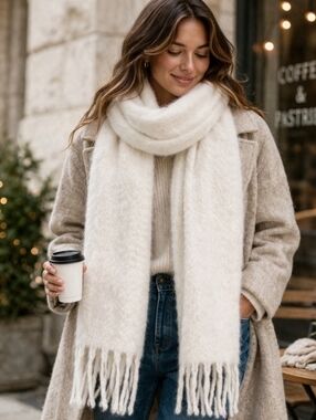 Anthropologie Maeve White Fuzzy Oversized 10-Foot Scarf NWT Winter Cozy Wrap